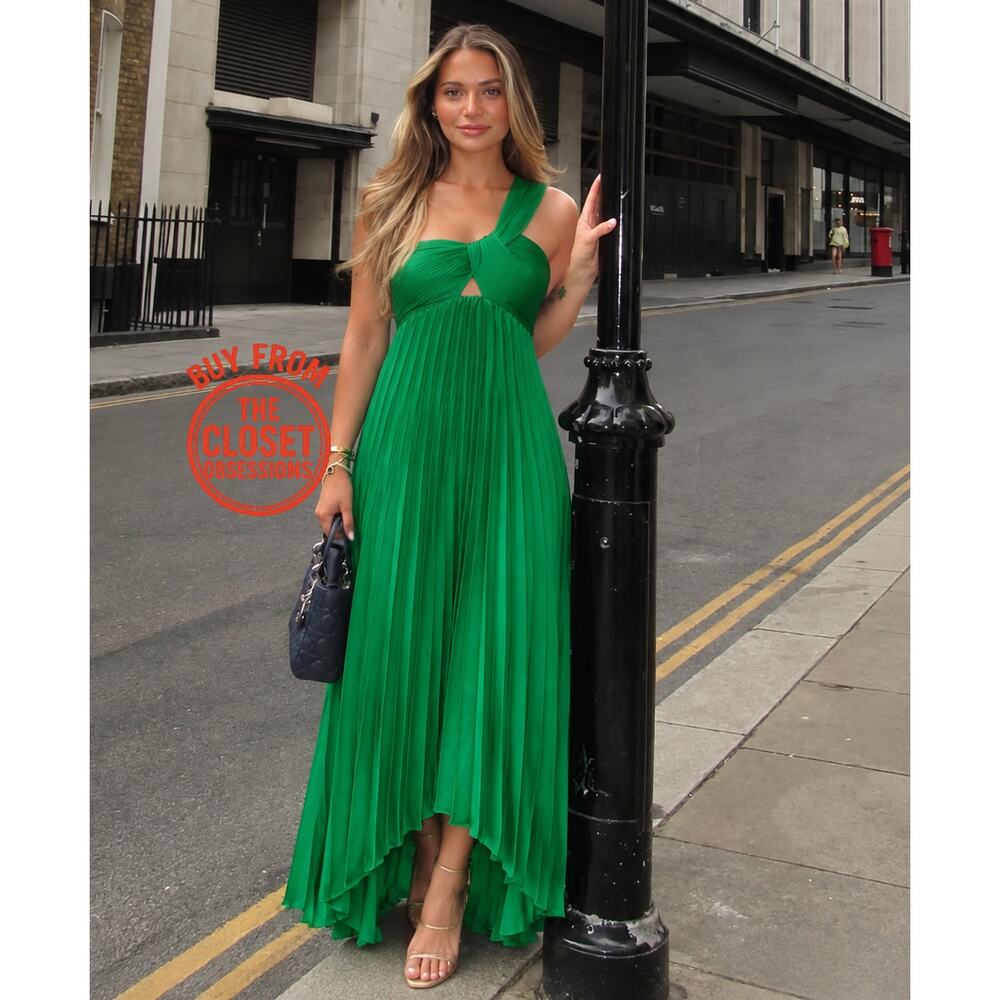 Mango NWT Emerald Green One Shoulder Pleated Maxi Dress 6 8 10 - Picture 11 of 16